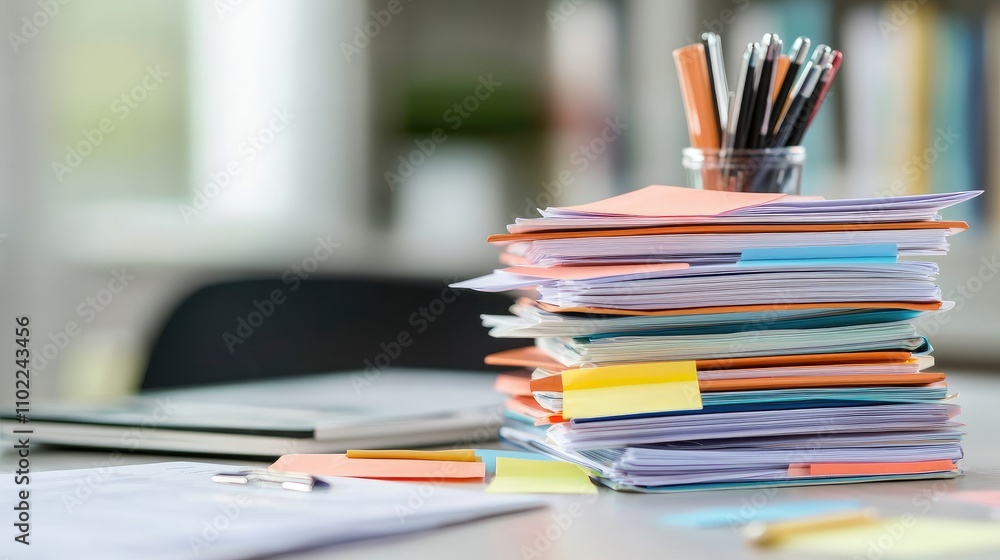 Poster colorful stack of paperwork with sticky notes and a jar of pens on a desk in a bright office setting
