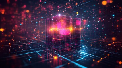 Fototapeta premium Abstract digital cube with glowing lines and particles on a dark background.