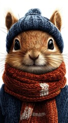  a cute squirrel wearing a knitted hat and scarf, set against a white background The squirrel has a cheerful expression, and its fur is a light brown color The hat