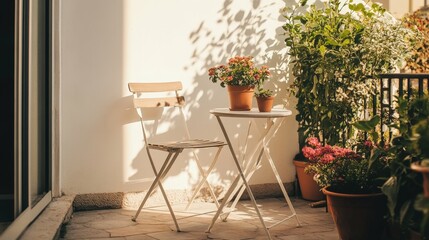 Fototapeta premium A small balcony with a simple chair, a tiny round table, and potted flowers,