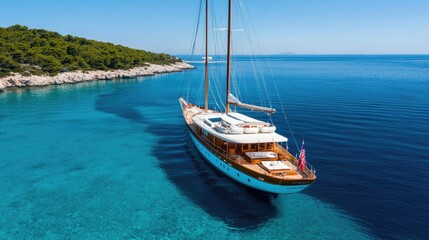 A Majestic Yacht Anchored in Serene Turquoise Waters with Lush Greenery on Rocky Shores under a Clear Blue Sky