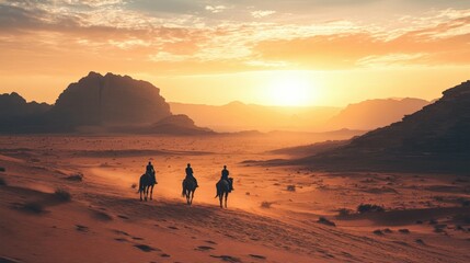 Fototapeta premium Horse riders in desert landscape at sunset, warm tones, adventure and wilderness atmosphere