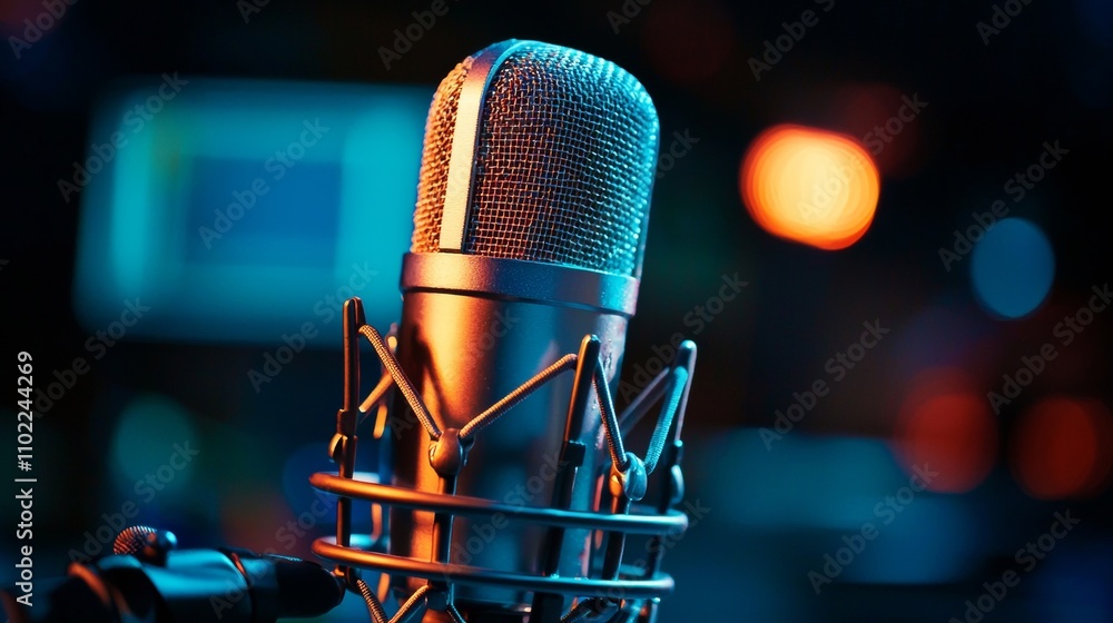 Poster close-up of a professional microphone in a colorful studio setting