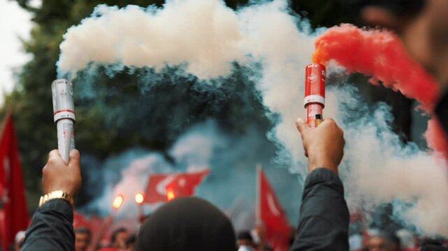 Colorful smoke bombs in action with Turkish fans waving flags, representing sports celebrations, social movements, protests, and dramatic visuals, emphasizing fandom and cultural pride