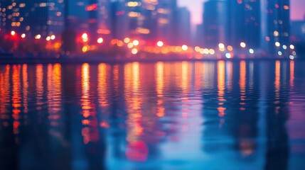 Bright waterfront background with water reflection in the foreground, evening atmosphere, city landscape,