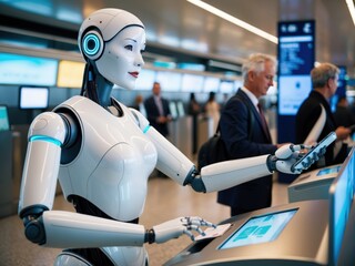A humanoid robot woman acting as an assistant for passengers in an airport, providing information and guidance with a friendly, efficient demeanor