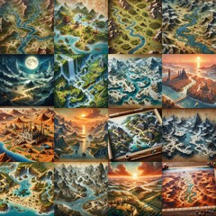 Fototapeta premium Different Battlemaps landscapes illustration. AI generated illustration