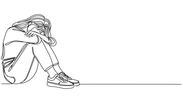 animated continuous single line drawing of sad woman sitting on floor covering face with hands, line art animation