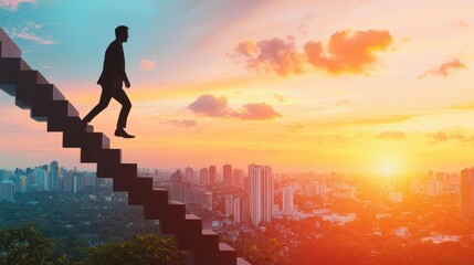 A silhouette of a businessperson climbing a staircase in a corporate building, each step representing a step towards success, growth, and career advancement.