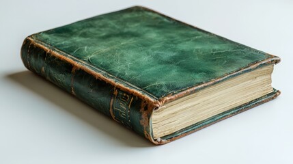 Obraz premium an old book with a green cover sitting on top of a white table The book appears to be old and worn, with the edges of the cover slightly frayed and the pages sligh