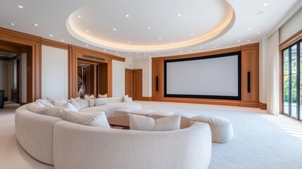 Modern luxury home theater interior design featuring curved seating arrangement, large screen, and elegant lighting in a spacious, well-lit room.