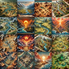 Fototapeta premium Different Battlemaps landscapes illustration. AI generated illustration