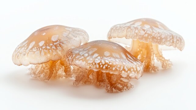  three jellyfish on a white background The jellyfish have a white cap with a pinkish-orange hue, and their tentacles are long and thin They are arranged in a trian