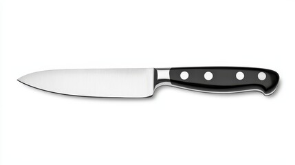  a large knife with a black handle on a white background It is a carving knife, with a sharp blade and a comfortable handle The handle is made of a durable materia