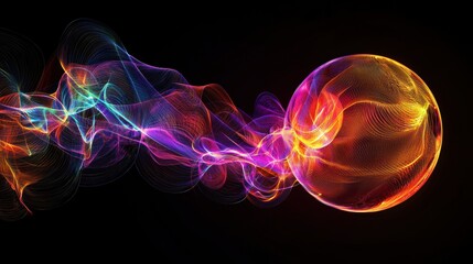 A vibrant, glowing orb emerges from colorful, flowing waves of light against a dark background, creating a sense of motion and energy.