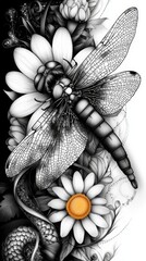  a black and white drawing of a dragonfly perched atop a daisy flower, surrounded by other flowers and leaves The background is a stark white, highlighting the intr
