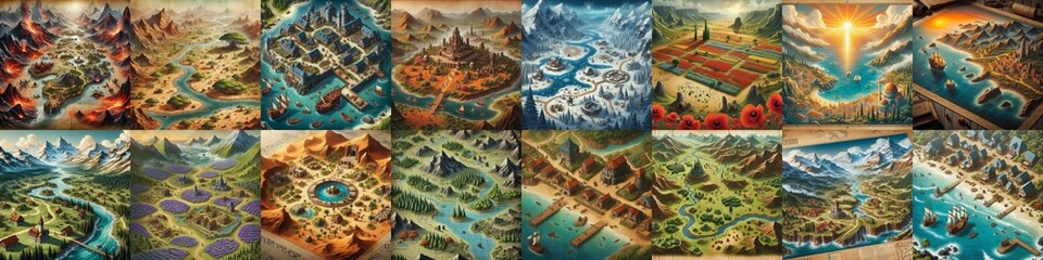 Fototapeta premium Different Battlemaps landscapes illustration. AI generated illustration