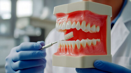 Dentist explaining brushing techniques with tooth model