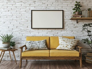 Mock-up poster, room design, sofa, wooden chair, floral decor, white poster, 3D render, 3D illustration