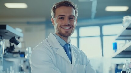 Fototapeta premium scientist in white coat smiling confidently in a lab with advanced equipment, bright and clean environment, professional setting