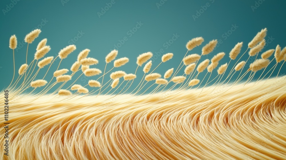 Poster a field of tall grass swaying rhythmically in the wind, creating a mesmerizing wave-like effect, evo