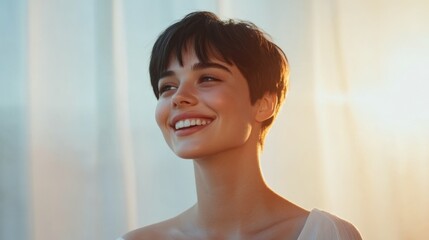 A short pixie cut on a smiling young woman, soft lighting, neutral studio background, minimalist and bold style,