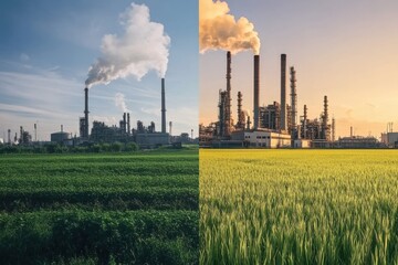 Contrast Between Industrial Development and Agricultural Landscape Highlighting Environmental Impact on Nature and Economy in Modern Society