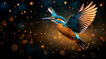 Fototapeta premium A vibrant kingfisher in flight, surrounded by shimmering lights, showcasing its striking blue and orange plumage against a dark background.