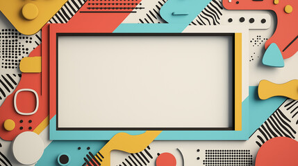 A pop-art style frame with bold primary colors and comic-style halftone patterns, overlaid with whimsical decorative shapes, retro aesthetic, perfect for playful design