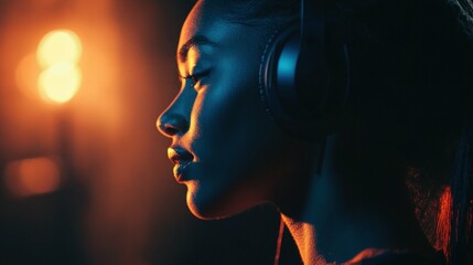 Young woman with headphones, slight smile, blurred background, studio setting, dim lighting,