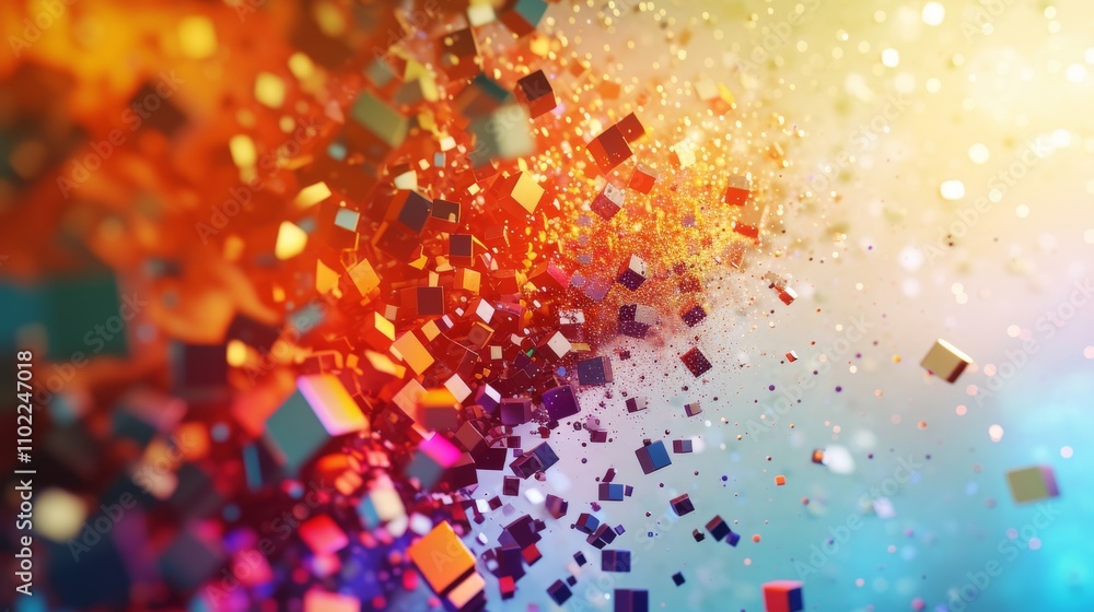 Poster a vibrant display of geometric cubes scattering across a colorful backdrop, conveying energy and mot