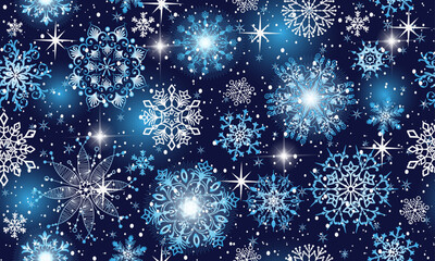 Vector hand drawn colorful seamless winter pattern with glitter gradient snowflakes and stars on a dark background