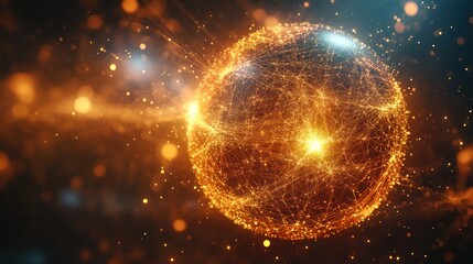 Abstract glowing sphere with particles and light streaks.