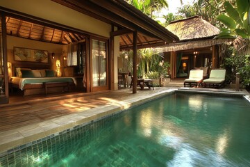 A luxury villa with a private pool and a view of the bedroom.