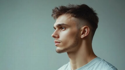 A man with a modern undercut hairstyle, sharp fade on the sides, neutral background, casual and stylish,