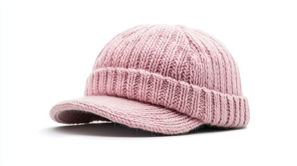  a pink knitted baseball cap on a white background The cap is made of a soft, warm material and has a curved brim It has an adjustable strap at the back, allowing