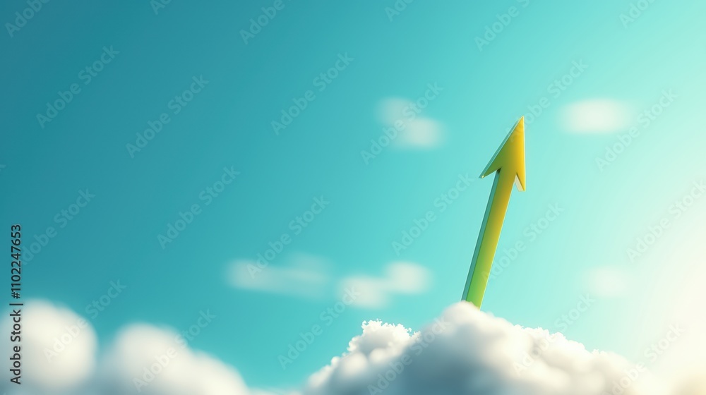 Poster a dynamic line graph with a green arrow pointing sharply upwards against a bright blue sky backgroun