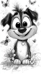 Fototapeta premium a black and white drawing of a dog with butterflies flying around it, set against a white background
