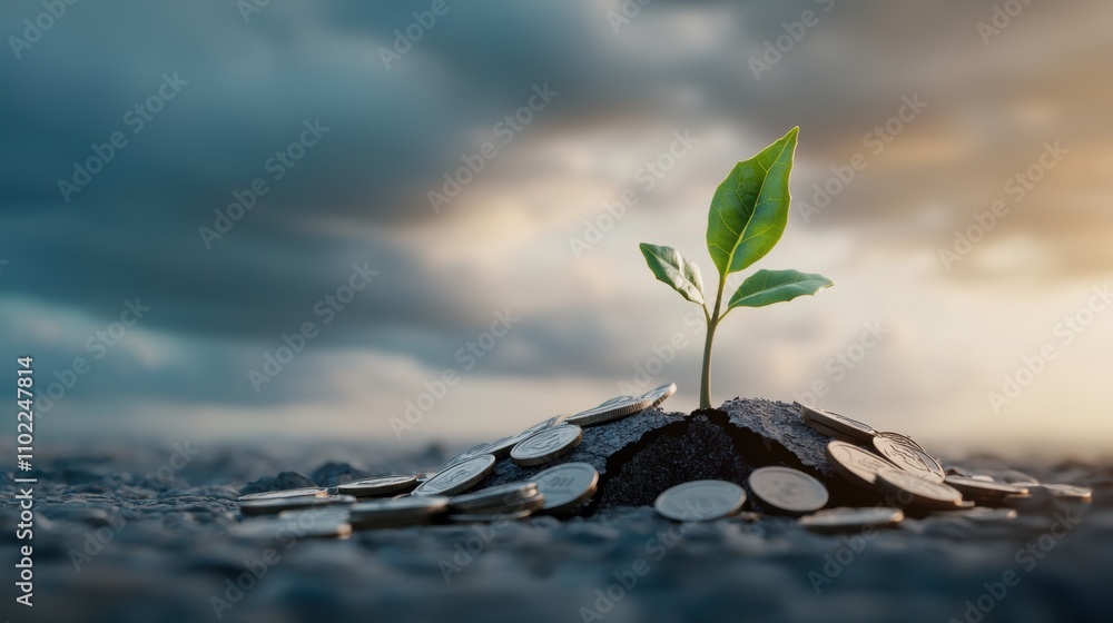 Poster a symbolic image of a small plant sprouting through a crack in a pile of coins, signifying resilienc