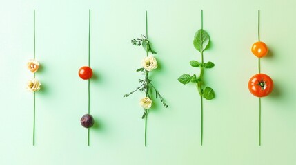 Minimal Still Life of Edible Ingredients with Green Background