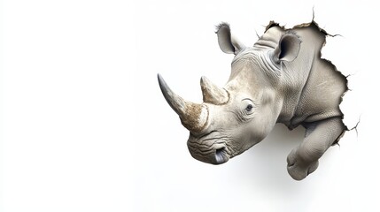  a white rhinoceros breaking through a wall, creating a 3D effect The rhino is in the center of the image, with the wall behind it providing a stark contrast to the