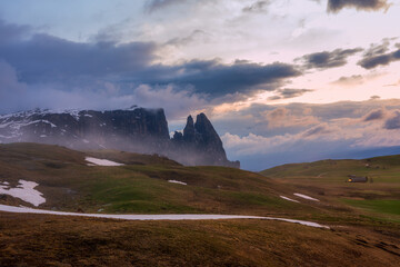 Panoramic view of Mount Sciliar from Alpe di Siusi in the Dolomites in South Tyrol, Italy.