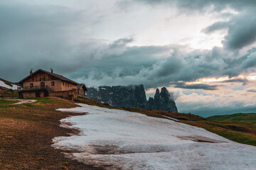 Panoramic view of Mount Sciliar from Alpe di Siusi in the Dolomites in South Tyrol, Italy.