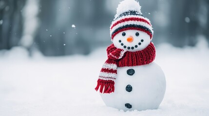 A cheerful snowman wearing a striped hat and scarf stands in a snowy landscape, surrounded by falling snowflakes.