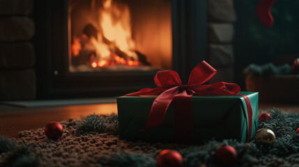 A green gift box with a big red ribbon is placed on a soft carpeted floor in front of a warm burning fireplace, Ai generated images