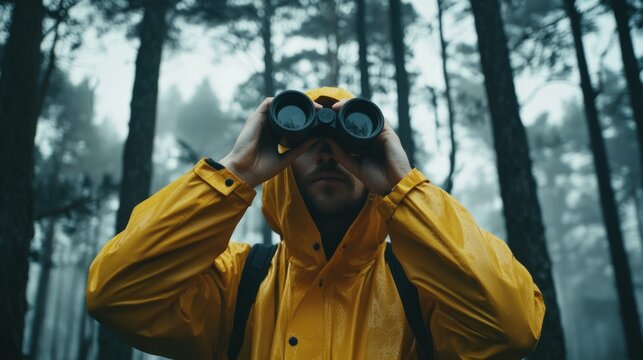 Adventurer in yellow raincoat looking through binoculars in misty forest, intense focus, early morning light - Powered by Adobe