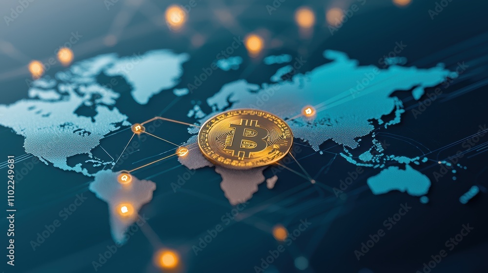 Aufkleber a world map with interconnected nodes representing digital currencies, illustrating the decentralize