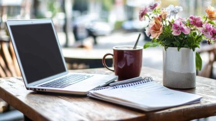 Fototapeta premium Cozy Office Workspace with Laptop, Flowers, and Coffee