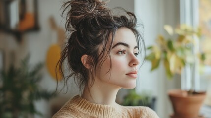 Naklejka premium A messy bun hairstyle on a relaxed woman wearing casual clothes, minimalistic home decor in the background,
