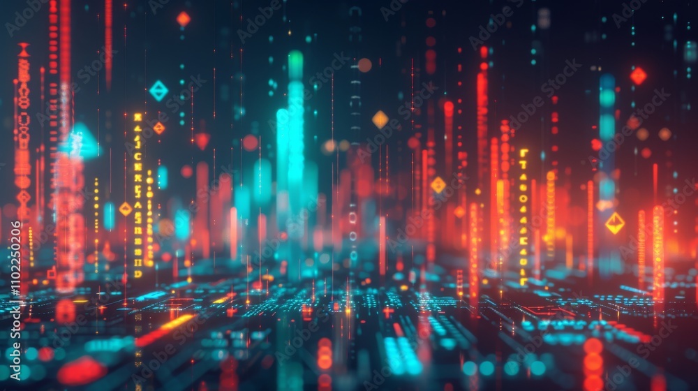 Poster a vibrant digital landscape filled with futuristic neon data streams and abstract code symbols. the 